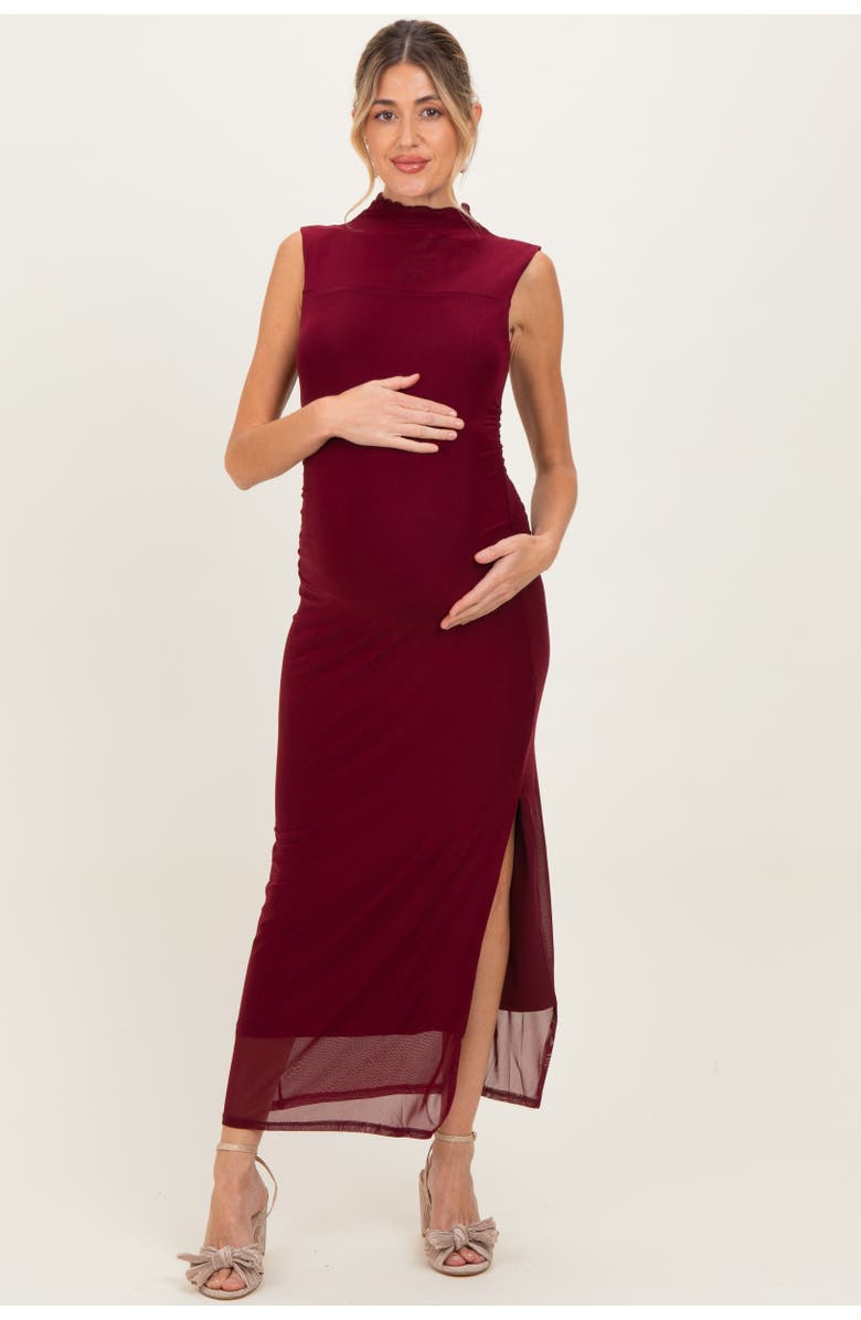 PinkBlush Mock Neck Ruched Mesh Midi Dress, Alternate, color, Burgundy