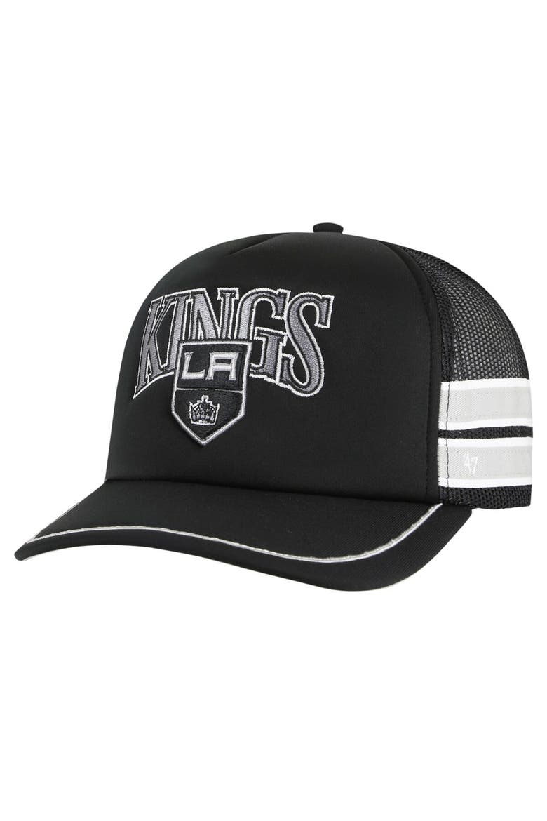 Men's '47 Black Los Angeles Kings Sideband Stripes Trucker Snapback Hat, Main, color, Black