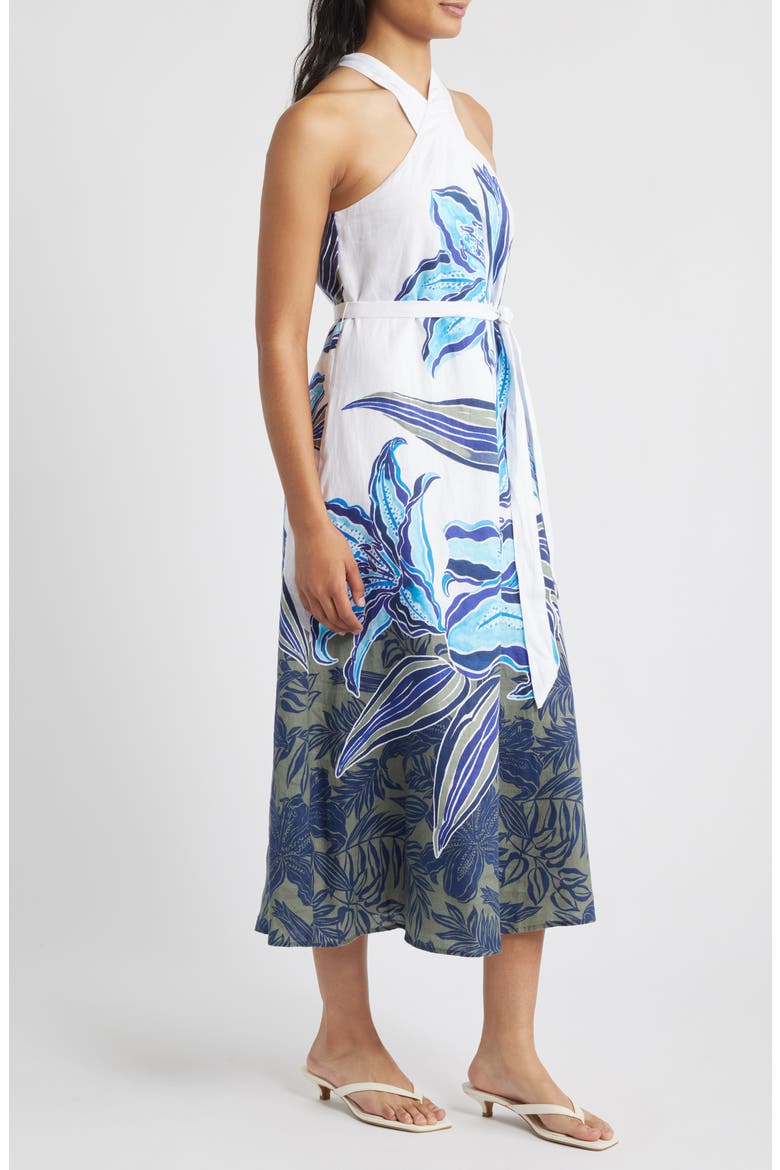 Regal Blooms Tie Waist Linen Midi Dress, Alternate, color, WHITE