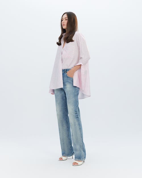 Theo The Label Echo Side Button Boyfriend Stripe Shirt In Multi