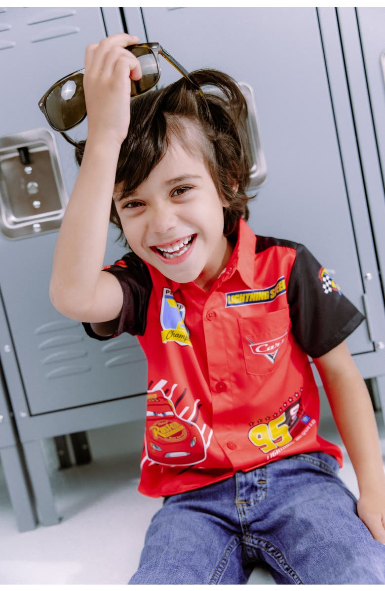Disney Short Sleeve Button Down Shirt, Alternate, color, Lightning Mcqueen Red Red