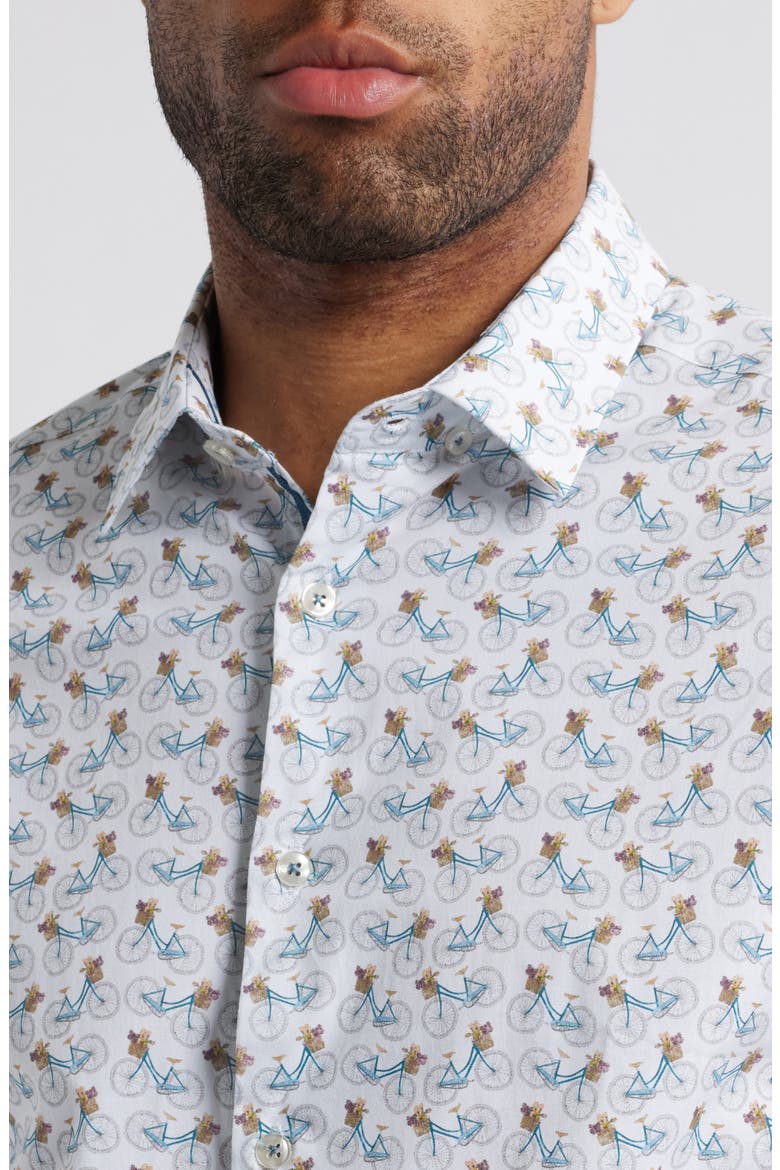 Bicycle Print Stretch Cotton Button-Up Shirt, Alternate, color, WHITE