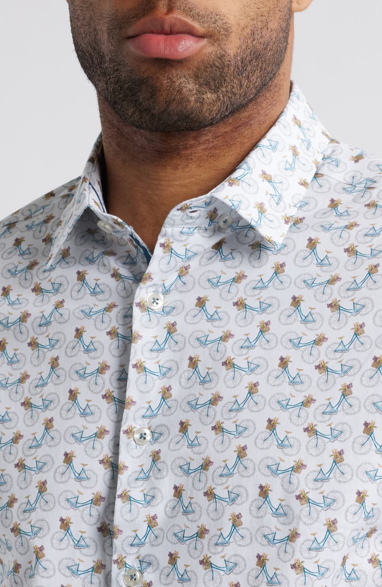 Stone Rose Bicycle Print Stretch Cotton Button-Up Shirt, Alternate, color, White