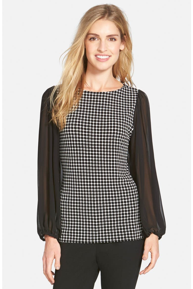 'Graphic Boxes' Top with Sheer Sleeves, Main, color, RICH BLACK
