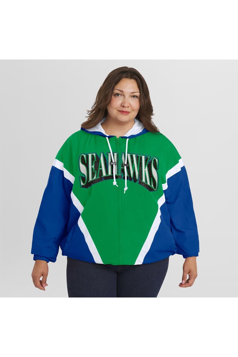 Women's WEAR by Erin Andrews Kelly Green/Royal Seattle Seahawks Plus Size Retro Crinkle Full-Zip Hoodie Windbreaker Jacket, Alternate, color, Kelly Green