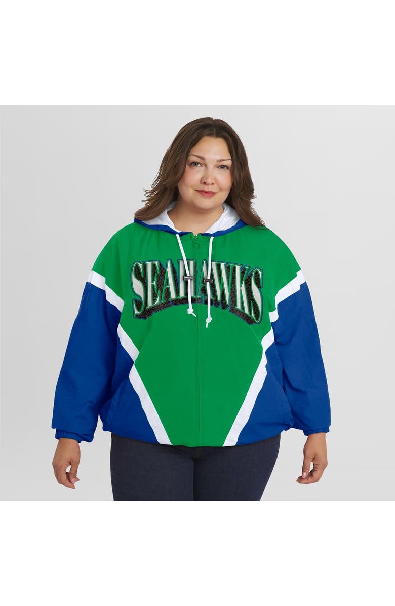 WEAR by Erin Andrews Women's WEAR by Erin Andrews Kelly Green/Royal Seattle Seahawks Plus Size Retro Crinkle Full-Zip Hoodie Windbreaker Jacket, Alternate, color, Kelly Green