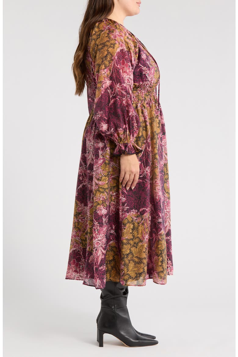 Long Sleeve Smocked Bodice Midi Dress, Alternate, color, PURPLE- YELLOW PAISLEY PATCH