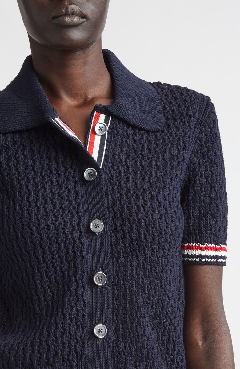 Thom Browne Hector Icon Pointelle Stitch Crop Cardigan, Alternate, color, Navy