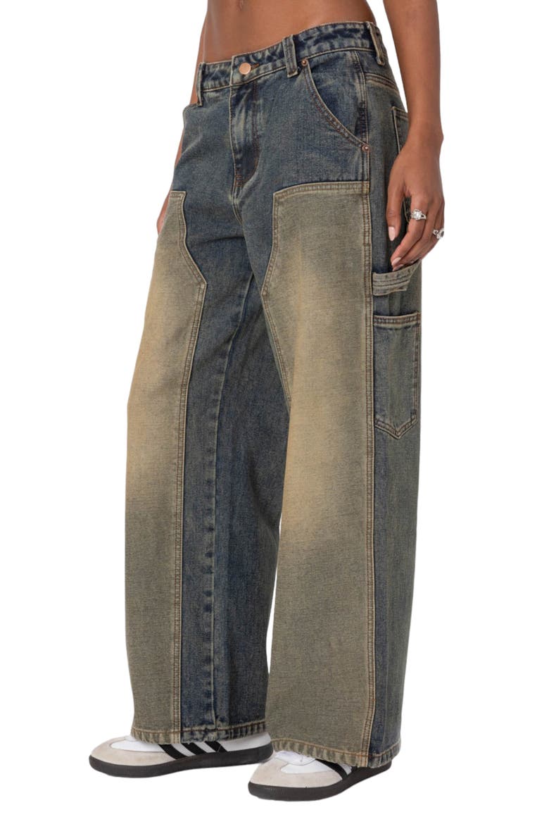 Contrast Panel Low-Rise Baggy Jeans, Alternate, color, BLUE-WASHED
