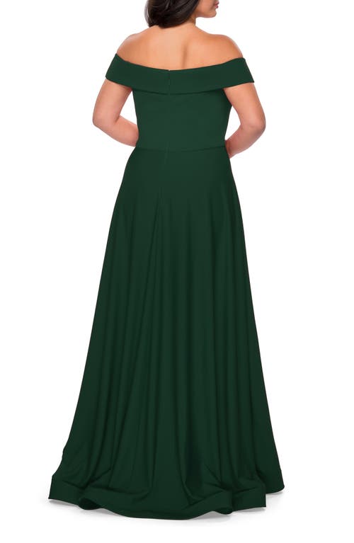 La Femme Off The Shoulder Plus Size Dress With Leg Slit In Emerald