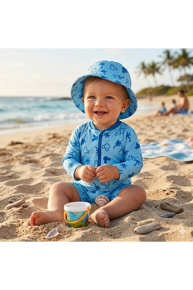 Mickey Mouse Swimwear One Piece Sunsuit and Hat Set, Alternate, color, Light Blue Mickey