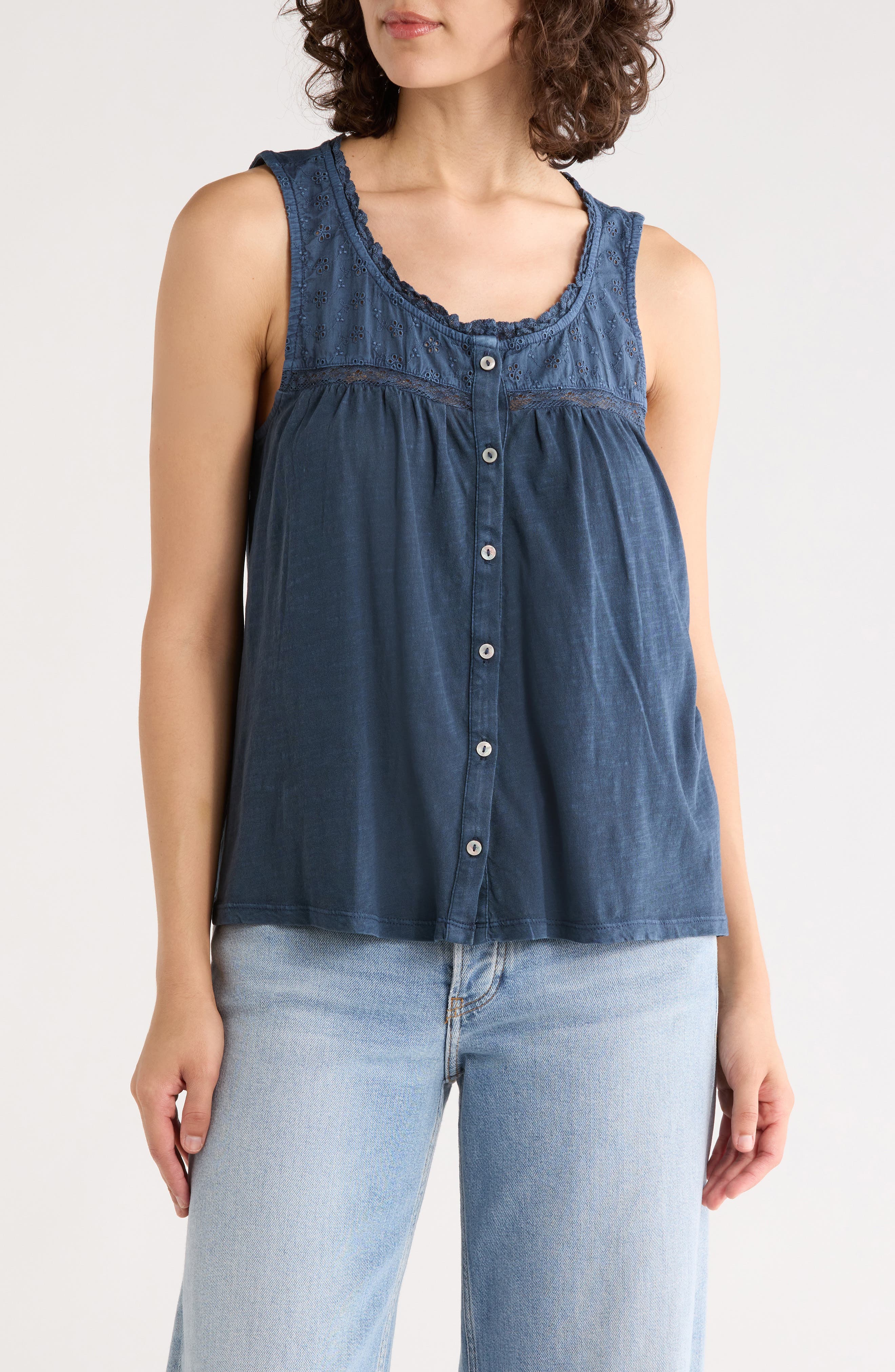 Lucky Brand Lace Trim Button Front Cotton Tank