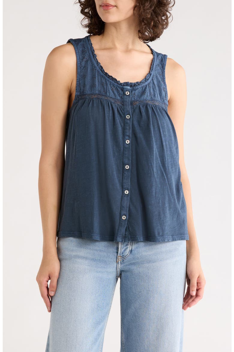 Lace Trim Button Front Cotton Tank, Main, color, VINTAGE INDIGO