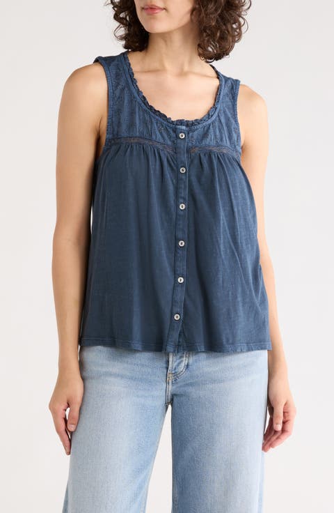 Lace Trim Button Front Cotton Tank