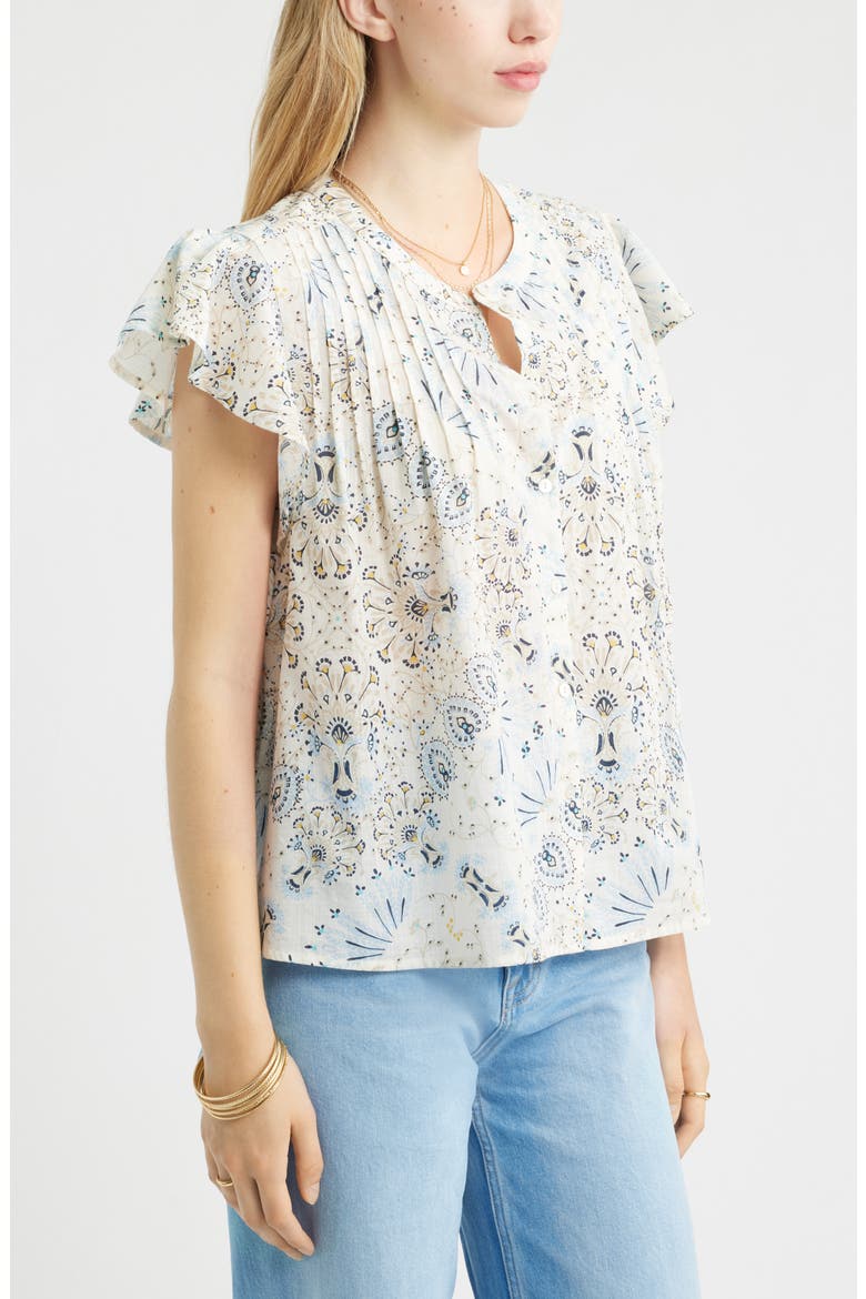 Floral Cotton Pintuck Flutter Sleeve Top, Alternate, color, IVORY- BLUE SCARF FLORAL