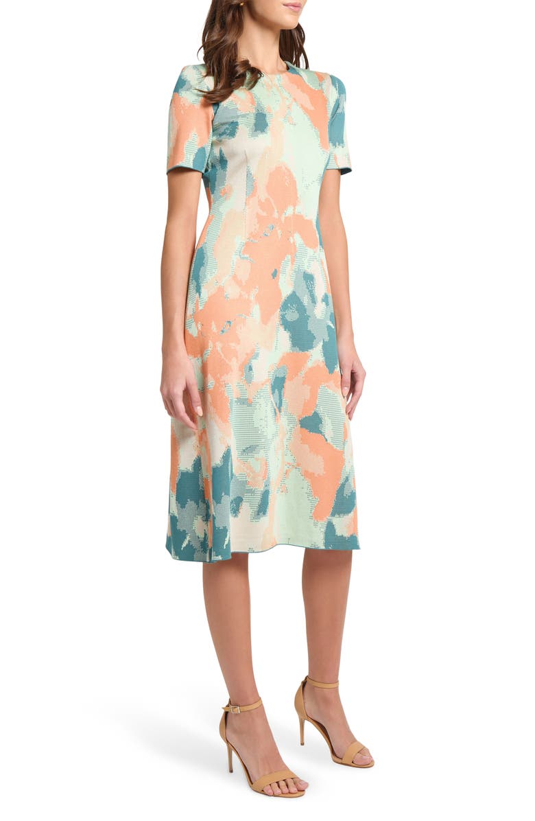 Misook Print Puff Sleeve Dress, Alternate, color, Paradise Green/ Biscotti