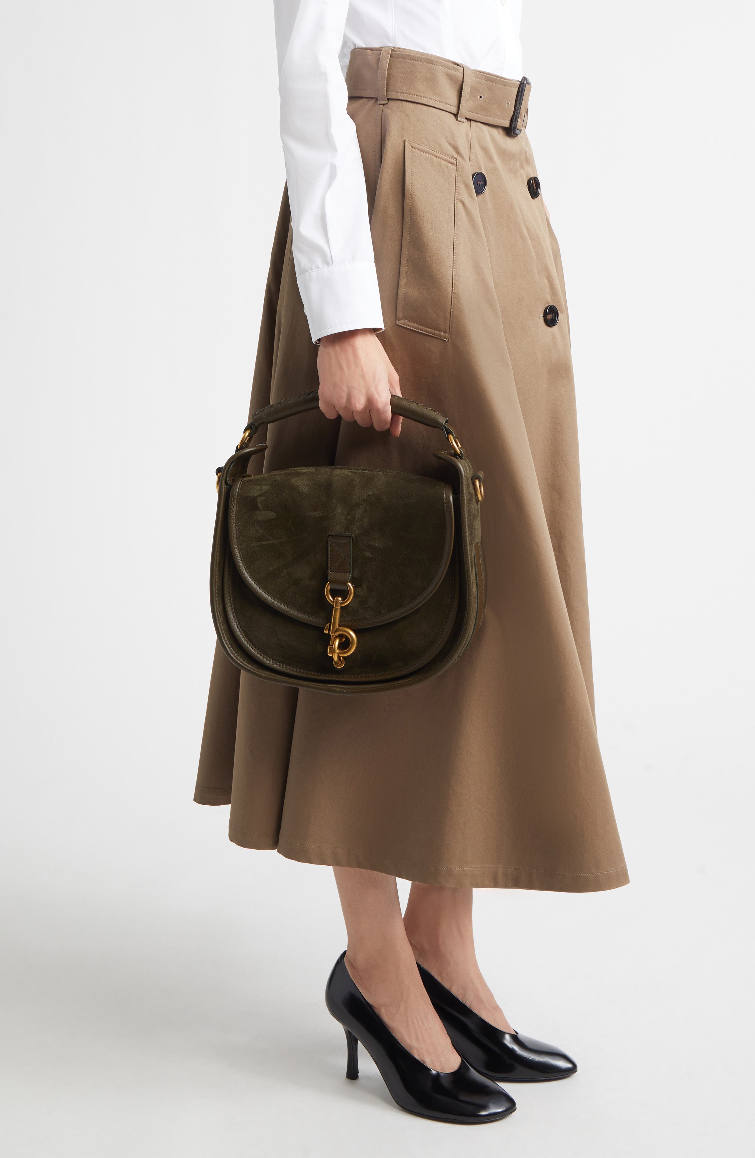 Burberry Small B Clip Suede Crossbody Bag, Alternate, color, Weald