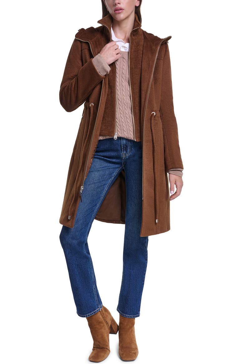Hooded Wool Blend Zip Up Coat, Alternate, color, TOBACCO