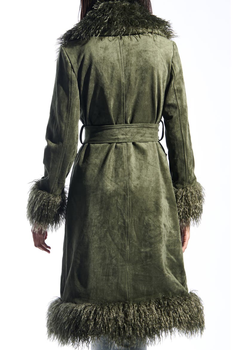 Belted Faux Suede Coat with Faux Fur Trim, Alternate, color, OLIVE