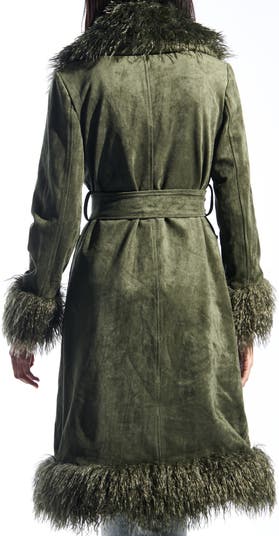 Belted Faux Suede Coat with Faux Fur Trim