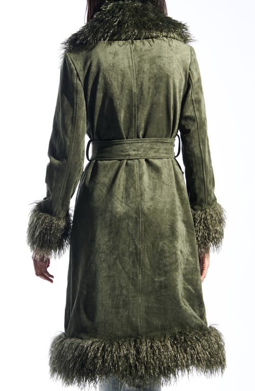 Azalea Wang Belted Faux Suede Coat With Faux Fur Trim In Green