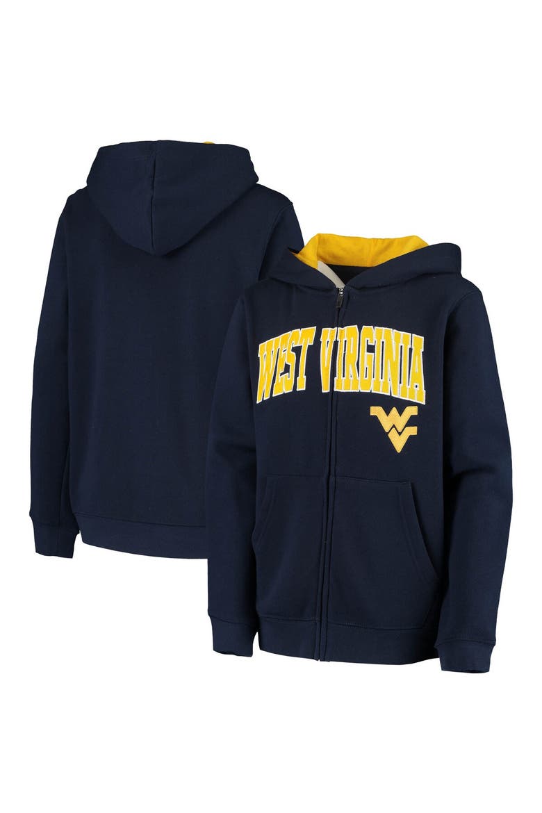 Youth Navy West Virginia Mountaineers Applique Arch & Logo Full-Zip Hoodie, Main, color, Navy