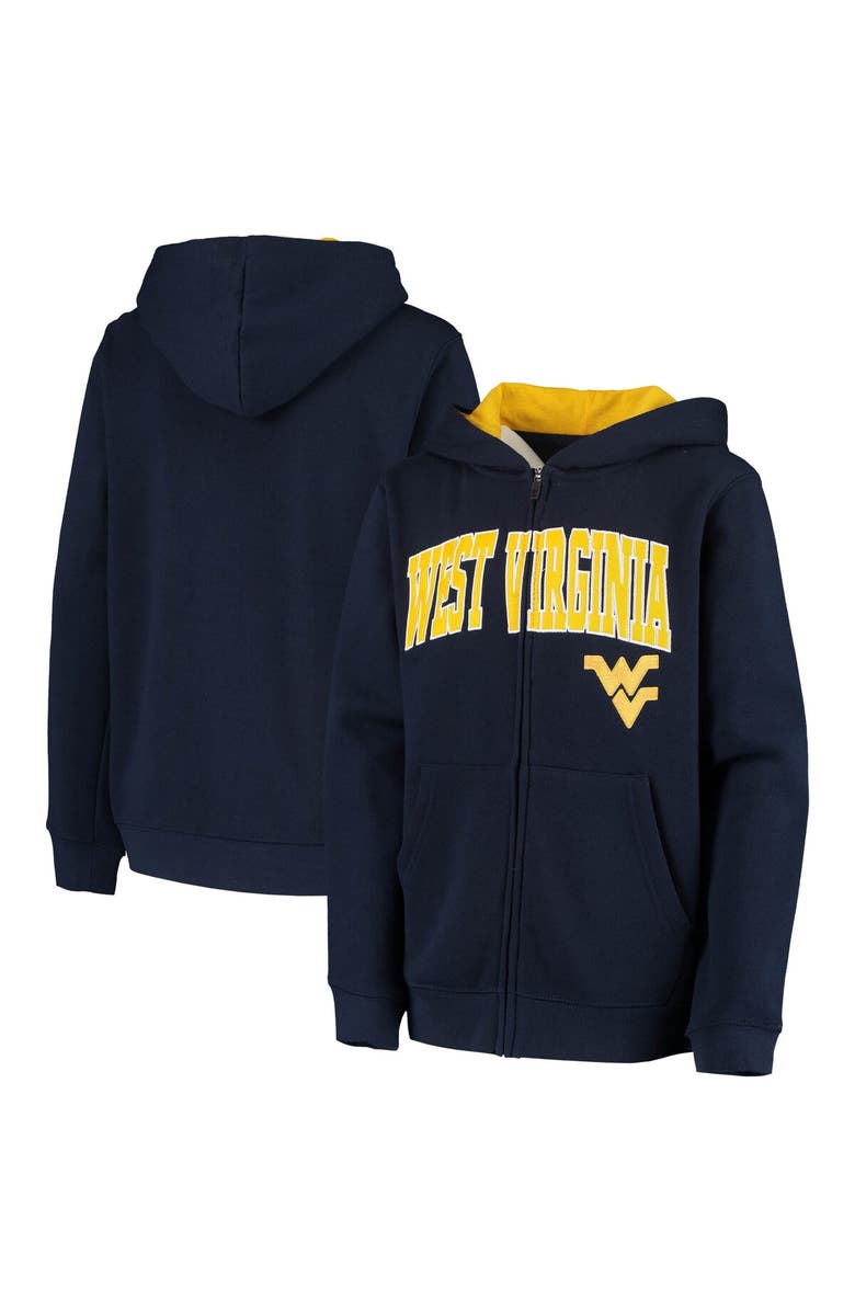 COLOSSEUM Youth Navy West Virginia Mountaineers Applique Arch & Logo Full-Zip Hoodie, Main, color, Navy