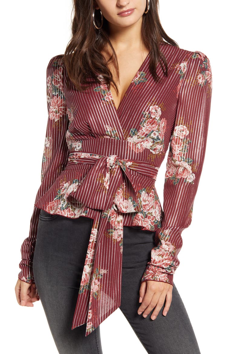 Montauk Floral Metallic Stripe Tie Waist Blouse, Main, color, BURGUNDY FLORAL