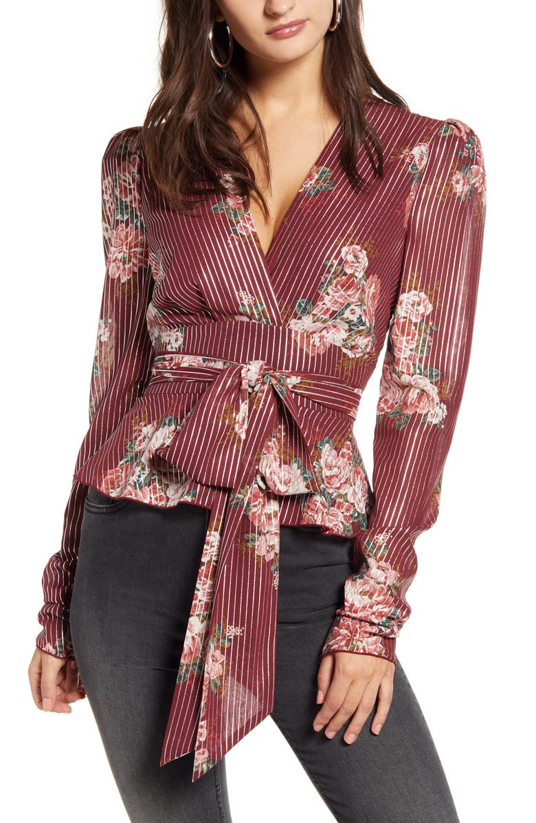 WAYF Montauk Floral Metallic Stripe Tie Waist Blouse, Main, color, 