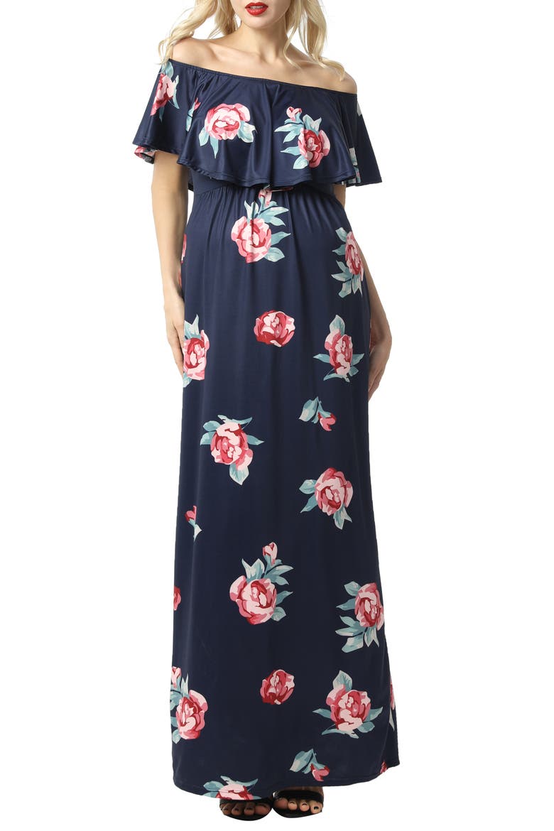 Maddison Off the Shoulder Maxi Maternity Dress, Main, color, NAVY