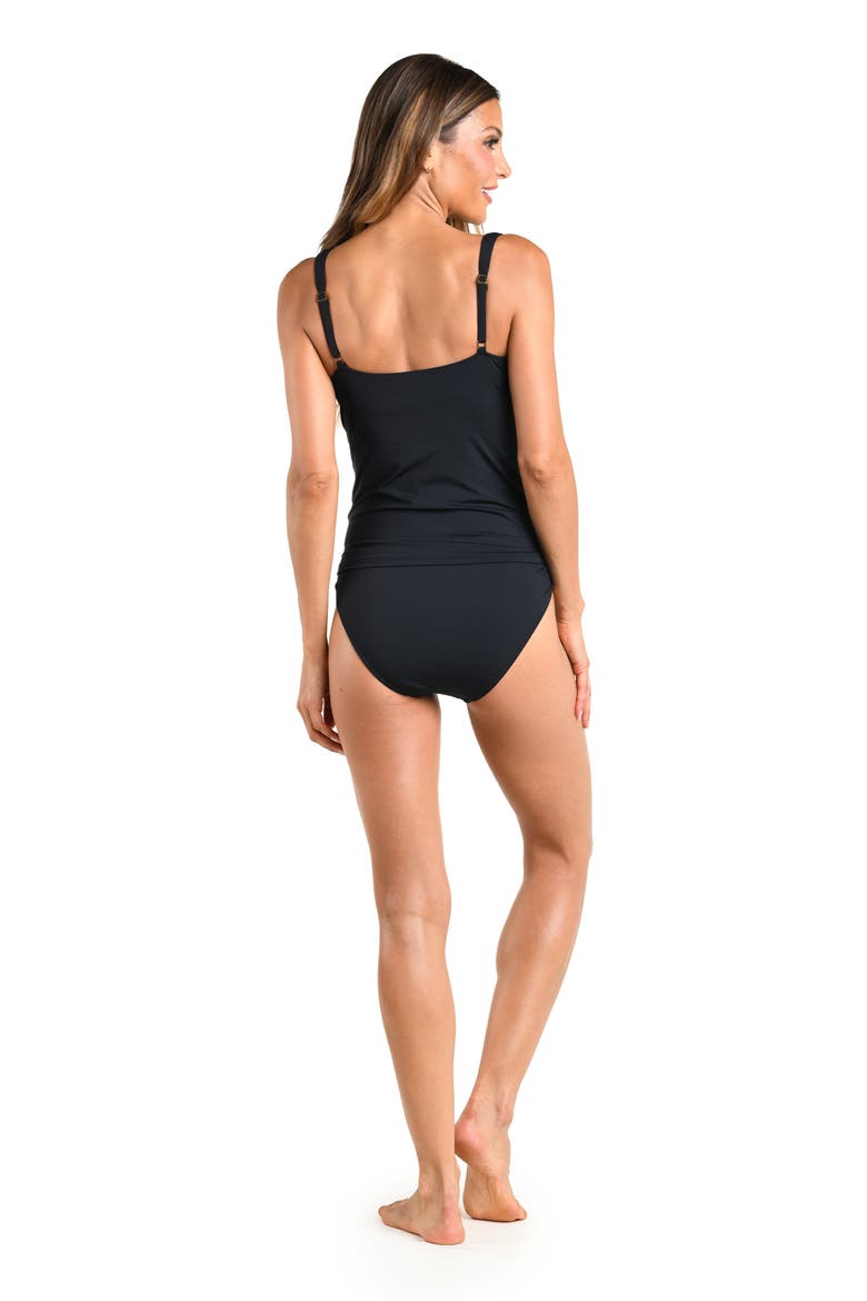 Island Goddess Ruched Plunge Neck Keyhole Tankini Top, Alternate, color, BLACK