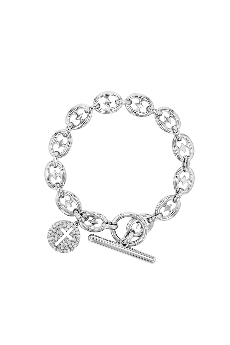 Cross Charm on Puffy Heart Mariner Link, Alternate, color, Sterling Silver
