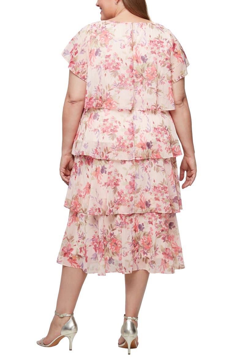 Tiered Floral Cocktail Midi Dress, Alternate, color, PEACH MULTI