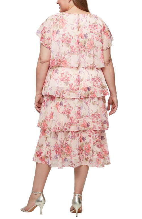 Shop Sl Fashions Tiered Floral Cocktail Midi Dress In Peach Multi