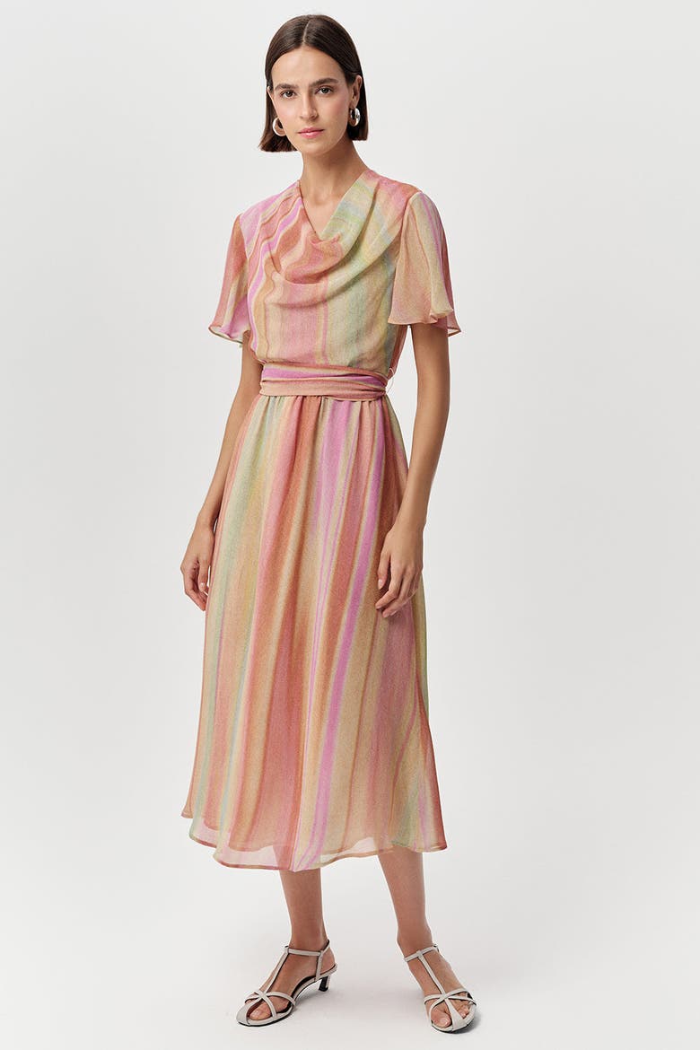 Sahra Cowl Neck Short Sleeve Striped Midi Dress, Alternate, color, Multi Color