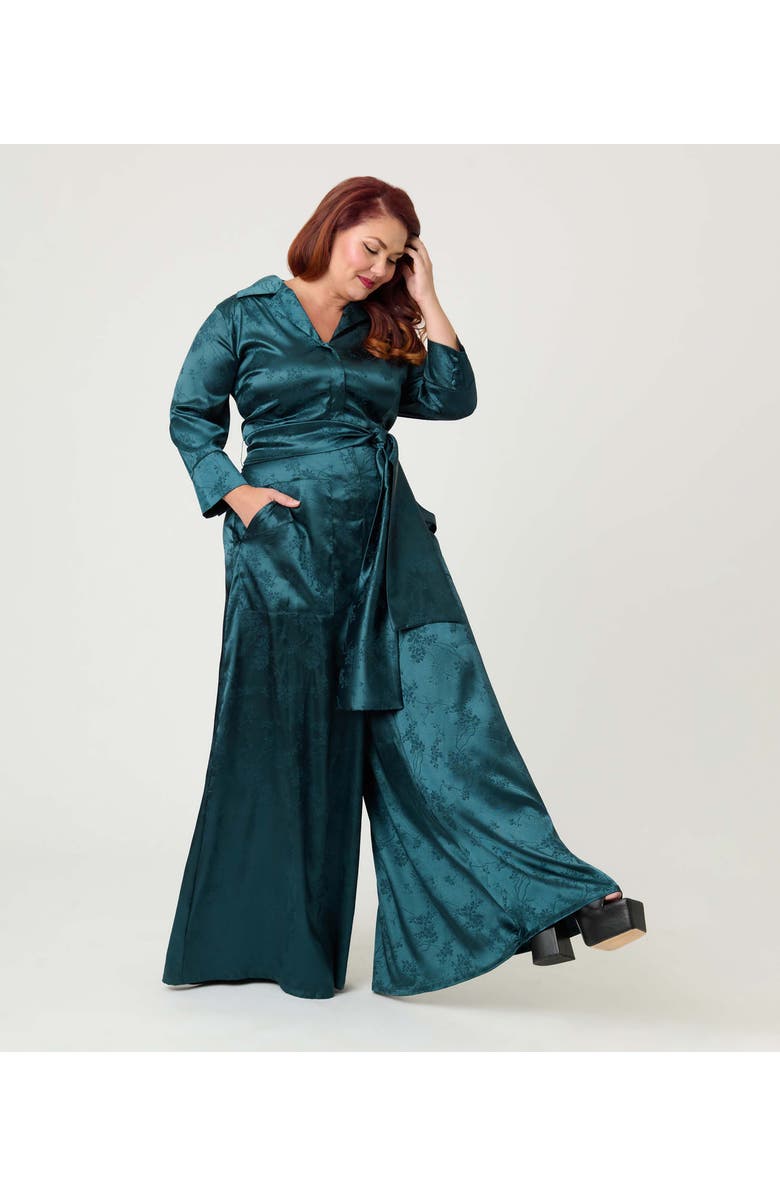 Unique Vintage Plus Size 1970s Satin Flare Jumpsuit, Alternate, color, Teal Jacquard
