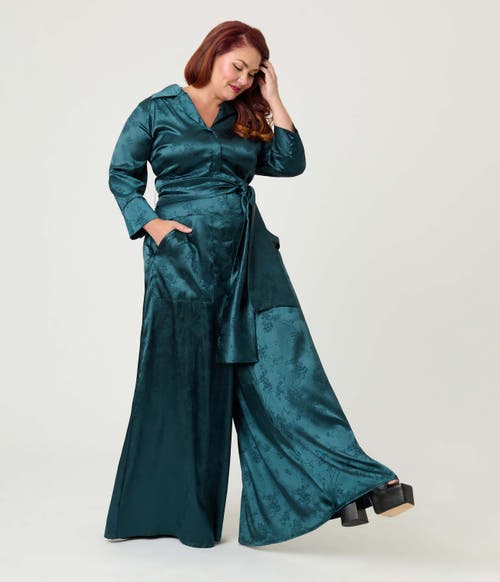 Unique Vintage Plus Size 1970s Satin Flare Jumpsuit In Blue