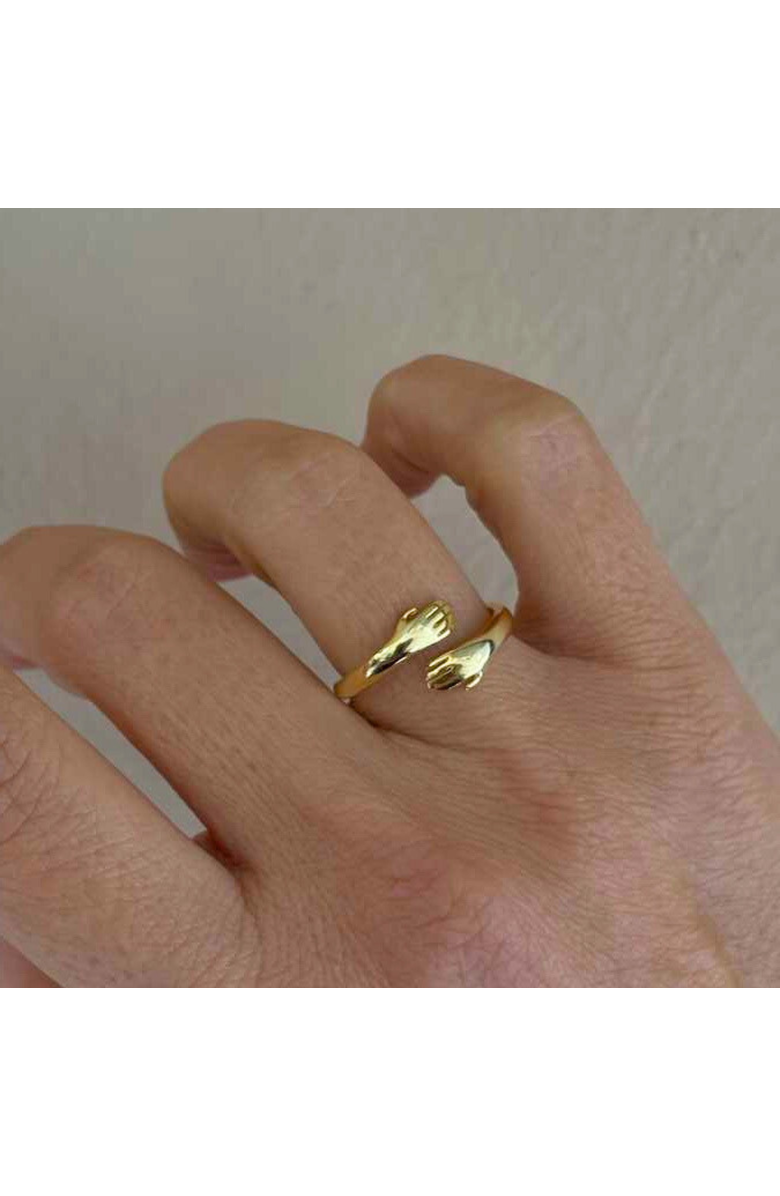 Spero London Hug Ring With Hands Sterling Silver and Gold Plated, Alternate, color, Gold