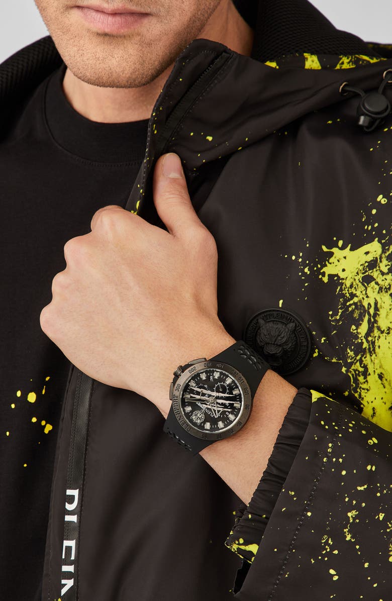 PLEIN SPORT Camo Dial Three-Hand Quartz Silicone Strap Watch, 43mm, Alternate, color, Gun