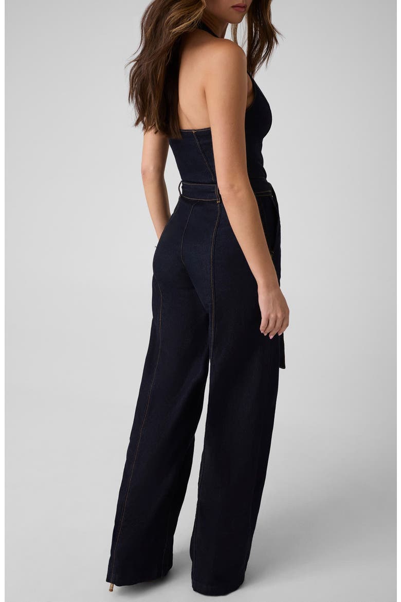 Emory Wide Leg Halter Denim Jumpsuit, Alternate, color, RINSED WASH