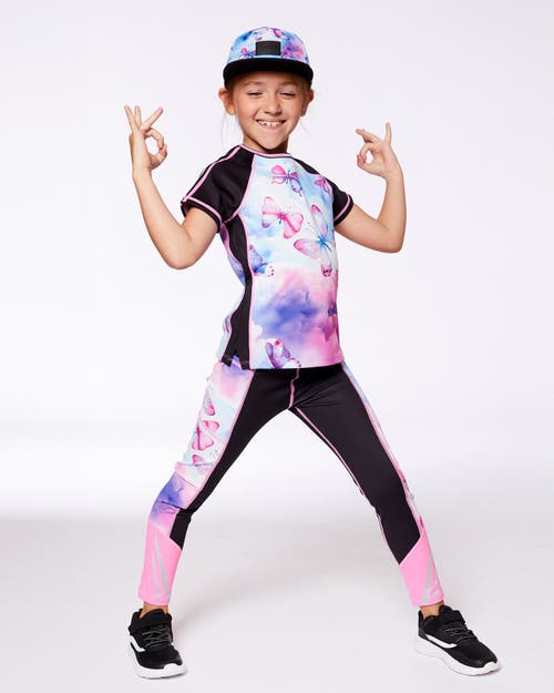 Deux Par Deux Girl's Printed Short Sleeve Athletic Top Pink, Black And Butterfly In Pink, Black And Butterfly