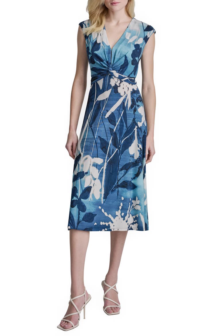 Floral Cap Sleeve Matte Jersey Midi Dress, Main, color, INDIGO MULTI