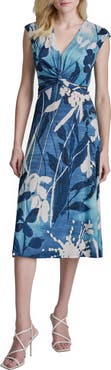 DKNY Floral Cap Sleeve Matte Jersey Midi Dress