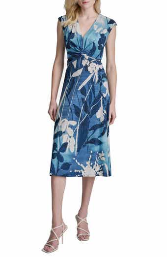 DKNY Floral Cap Sleeve Matte Jersey Midi Dress