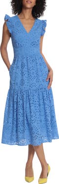 Maggy London Cotton Eyelet Tiered Midi Dress