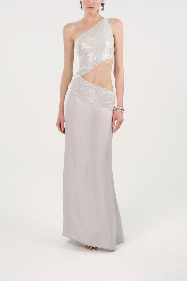 Sequin One Shoulder Cutout Maxi Dress, Main, color, Metallic Silver