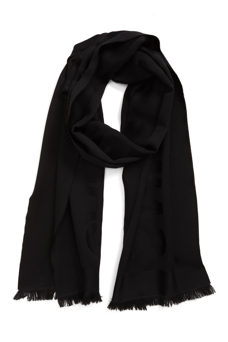 Logo Jacquard Wool Fringe Scarf, Alternate, color, BLACK