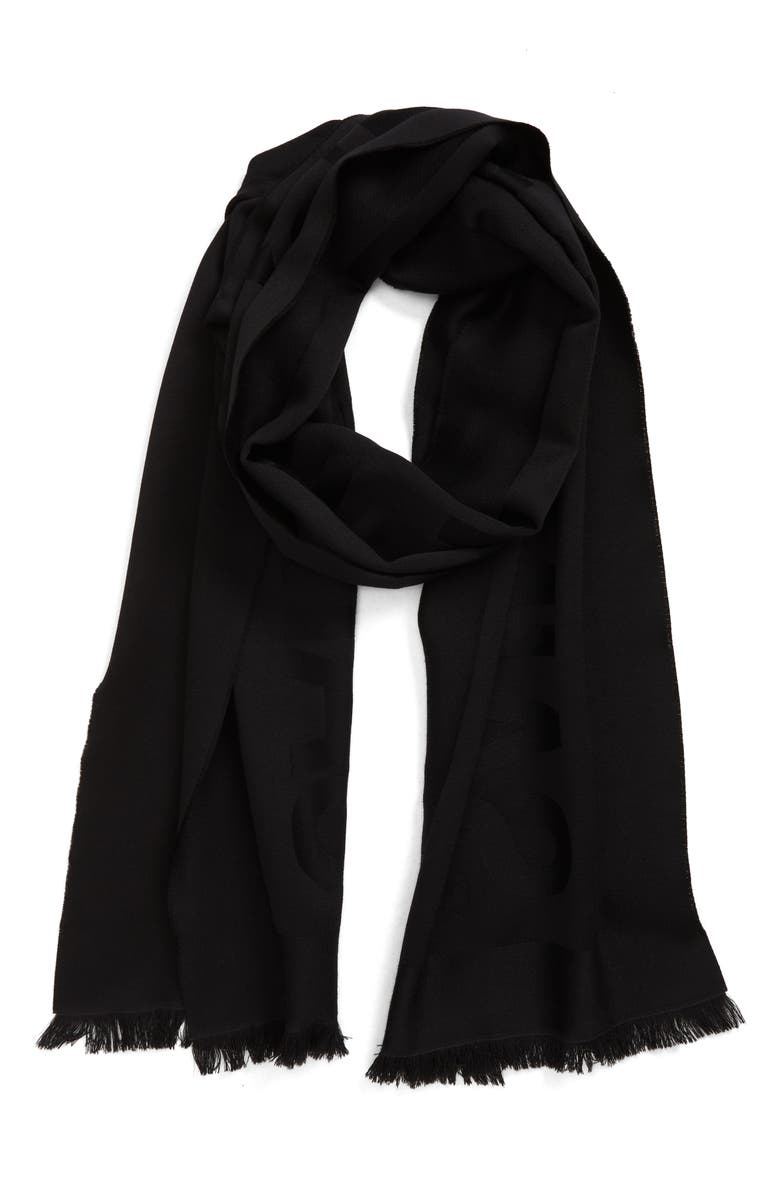 Saint Laurent Logo Jacquard Wool Fringe Scarf, Alternate, color,