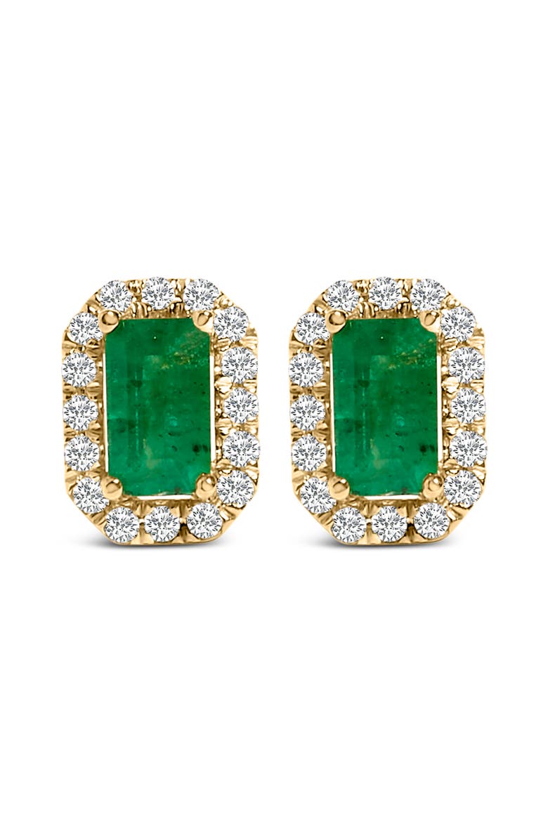 14K Yellow Gold Green Emerald and 1/8 Ct Diamond Halo Octagonal Stud Earrings, Main, color, Yellow