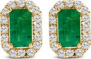 Haus of Brilliance 14K Yellow Gold Green Emerald and 1/8 Ct Diamond Halo Octagonal Stud Earrings